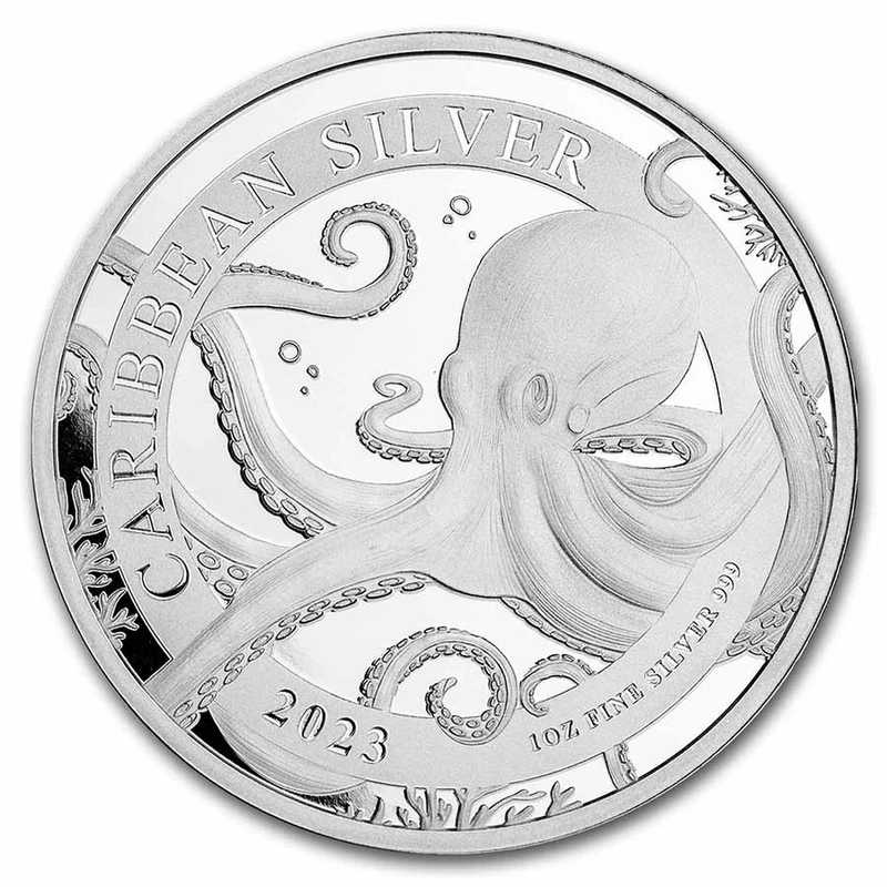 Moneda de Plata Pulpo de Barbados 2023, 31,1 gramos de plata pura (0,999 proof) Monedas coleccionables