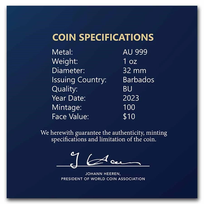 Barbados Octopus Moneda de Oro 2023, 31,1 gramos de oro puro (0.999 proof) Monedas coleccionables