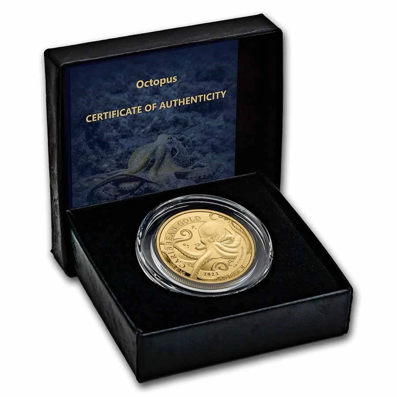 Barbados Octopus Moneda de Oro 2023, 31,1 gramos de oro puro (0.999 proof) Monedas coleccionables