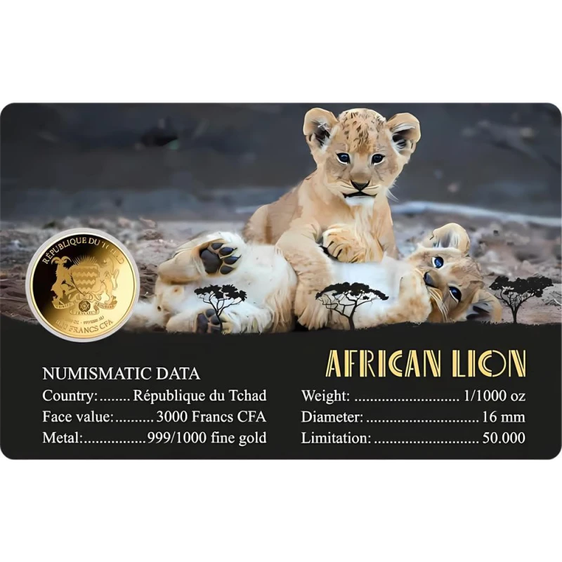 Moneda de Oro del León Africano del Chad (proof), 0,031 gramos de oro puro (0.999 proof) Monedas coleccionables
