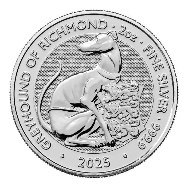 Moneda de Plata del Reino Unido The Royal Tudor Beasts Greyhound of Richmond 2025 2 oz Monedas coleccionables