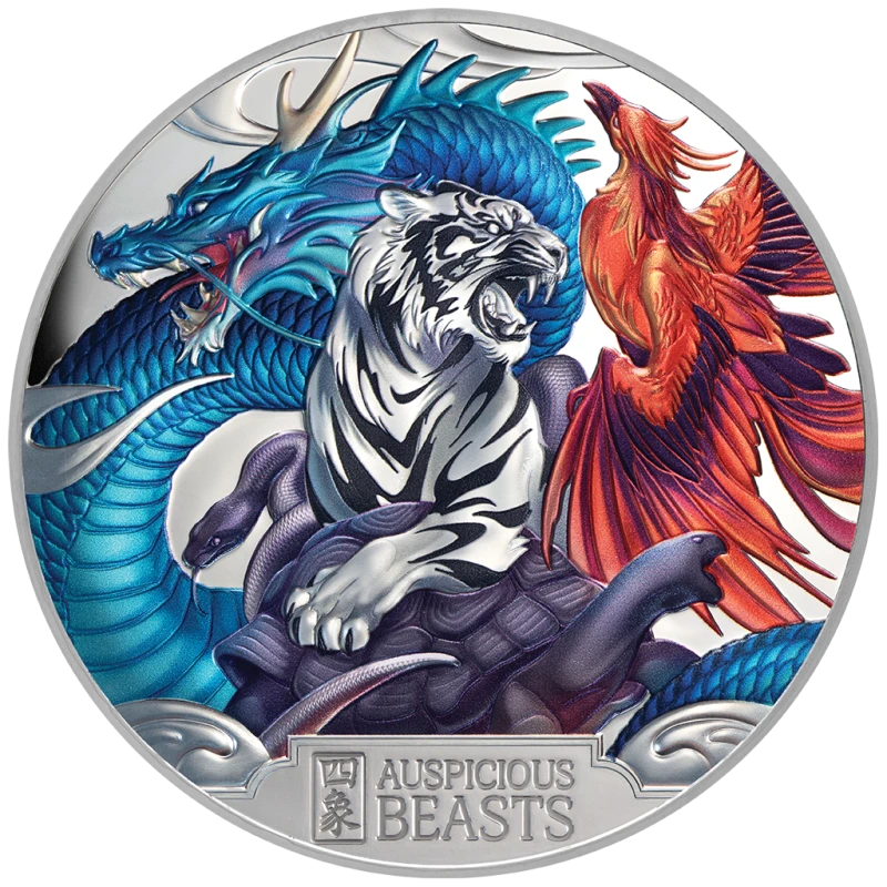 Niue: silver coin Auspicious Beasts 2025 Proof colored 5 oz Collectible coins
