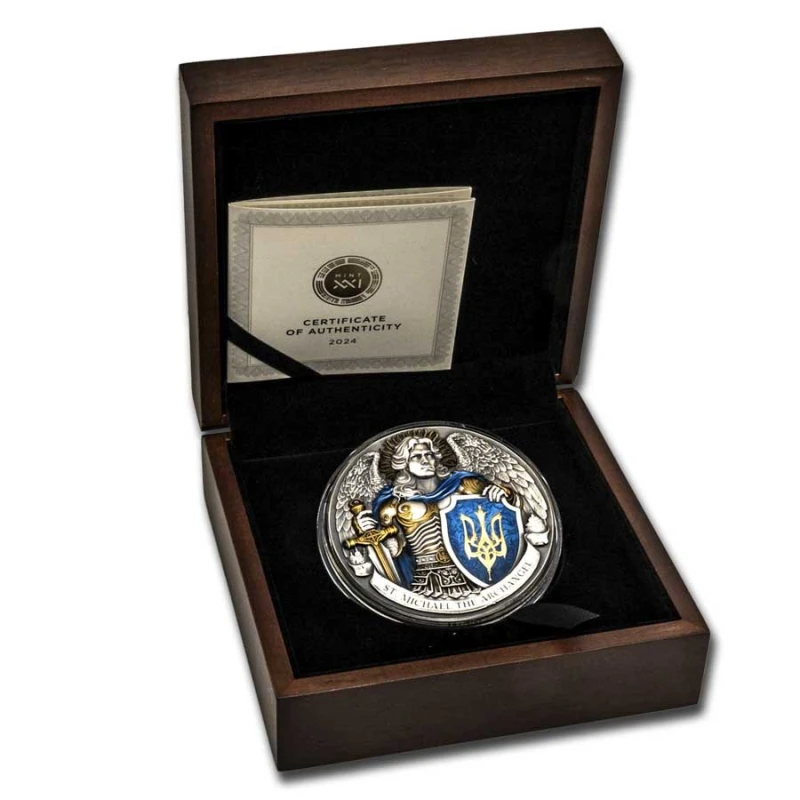 Niue: moneda de plata San Miguel Arcángel 2024 coloreada 5 onzas Monedas coleccionables