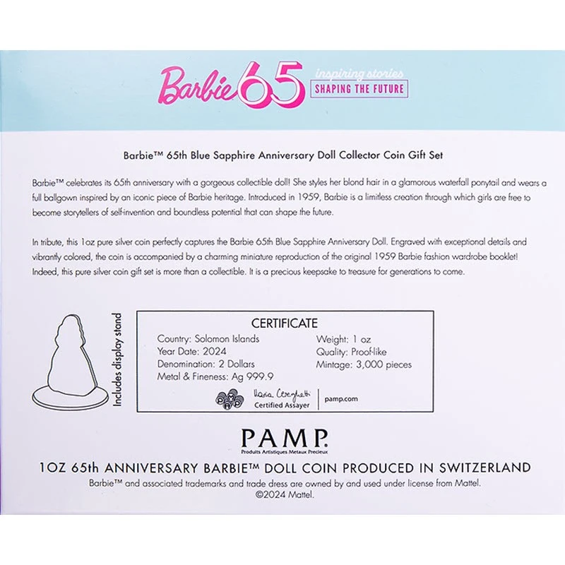 Islas Salomón Moneda de Plata Azul Zafiro Barbie 2024 Coloreado 1 onza Monedas coleccionables