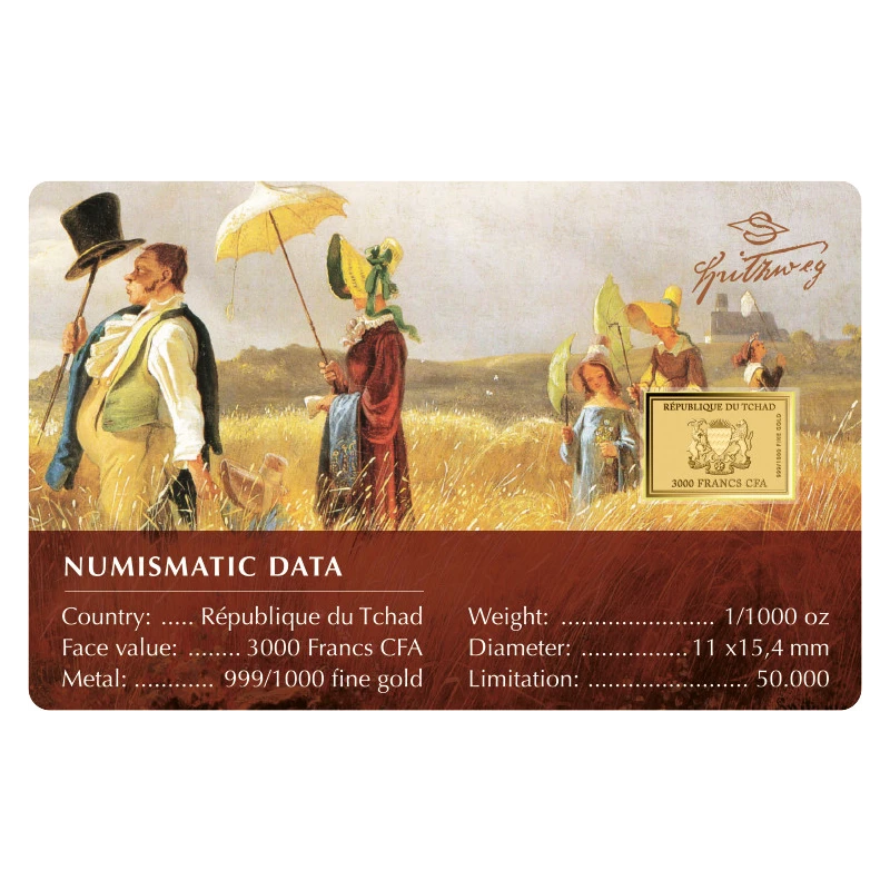 Chad Gold Coin Carl Spitzweg Sunday Rest 1/1000 oz  Collectible coins