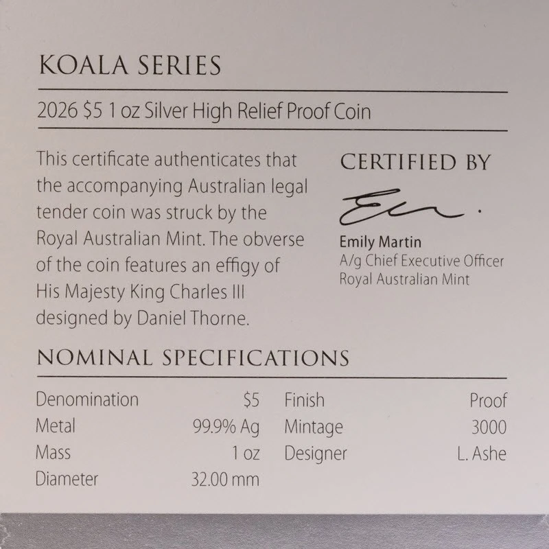Australia Moneda de Plata Koala 2026 RAM Proof 1 oz Monedas coleccionables